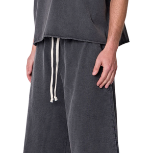Custom Men's Grey Fleece 3/4 <b>Shorts</b> <b>Wide</b> <b>Leg</b> Loose Fit Elastic Waist Drawstrings Side Pockets Casual Streetwear Wholesale <b>Shorts</b> - Product Image 2