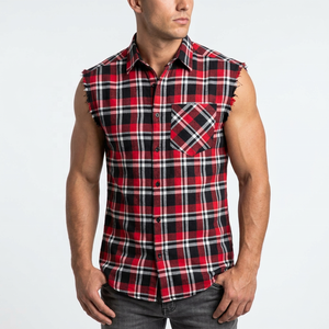 Camisa de Verano sin Mangas para Hombre, de Franela Tejida, Ajuste Holgado, Roja y Negra, de Alta Calidad, Antiarrugas, a Cuadros - Product Image 1
