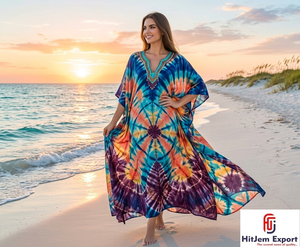 Vestido Kaftán Personalizado para Mujer con Estampado Tie-Dye, Traje de Playa, Ropa de Verano para Resort, Fabricante de Productos de Tela OEM ODM - Product Image 6