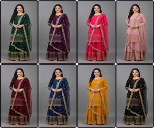Modern Georgette Embroidery Sequined Potli <b>Button</b> Work Modest Simple Floor-Length Long Sleeve Top Sharara Dupatta 83318 Yellow - Product Image 3