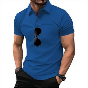 Polo à manches courtes bleu pour homme avec poche poitrine, en piqué de coton tricoté respirant, couleur unie, coupe classique - Product Image 1
