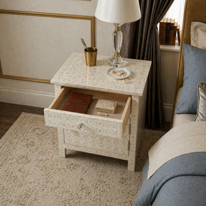 Bone Inlay Traditional Nightstand Two Drawer Bedside Table Decorative <b>Storage</b> <b>Cabinet</b> for Bedroom Hotel - Product Image 3