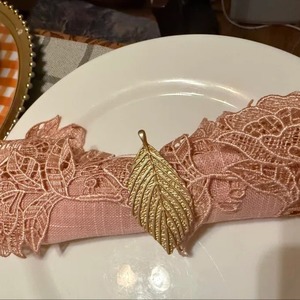 Leaf Shape Brass Napkin Ring Vintage Style Table Decoration Pink Lace Napkin Holder - Product Image 3