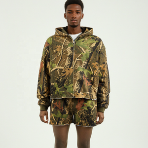 Tree <b>Camouflaged</b> Two Piece Tracksuit for Men Y2K High Streetwear Zip-up Hoodie & Short Set French Terry Cotton Men's Tracksuit - Product Image 3
