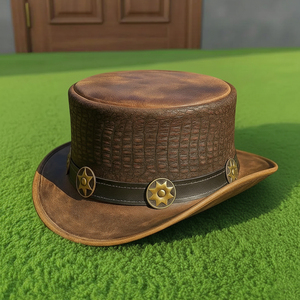 Premium Quality Custom Handmade Unisex Brown Embossed Leather <b>Top</b> Hat with Star Conchos Steampunk Western Festival - Product Image 1