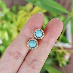 925 Sterling <b>Silver</b> Gold Larimar Bohemian Style <b>Stud</b> Earrings Natural Bezel Set CZ Pave Birthstone Healing Crystal Wedding Party - Product Image 1