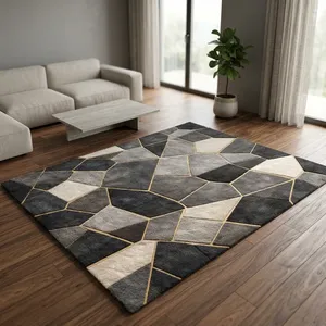 Tapis rectangulaire moderne en laine, motif abstrait noir et or, poils moyens, tufté, lavable, antidérapant, avec envers fin en polypropylène - Product Image 6