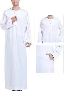 <b>Men's</b> White Cotton <b>Thobe</b> Long Sleeve Floor Length Round Neck Modest Islamic Robe For Prayer Middle East Style Bulk Manufacturer - Product Image 6