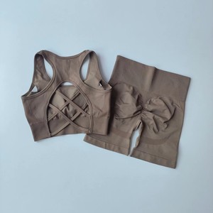 Conjunto Deportivo de Yoga para Mujer, Sólido, Sin Costuras, con Tirantes Cruzados, Pantalones Cortos de Cintura Alta, Transpirable, de Dos Piezas - Product Image 5