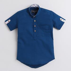 Polka Tots Media manga corta Kurta Floral Placket y roll over loop-Azul oscuro - Product Image 1