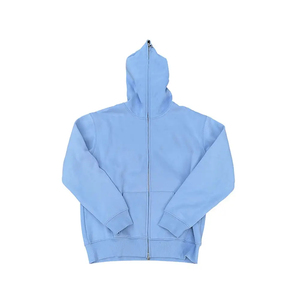 Light Blue Men's Full <b>Zip</b> Cotton Fleece Hoodie Breathable Knitted Casual Winter Wear - Product Image 1