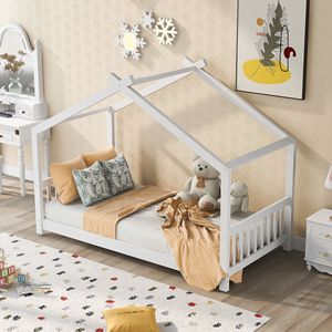 Letto a piattaforma per bambini bianco, singolo, con testiera e pediera, design unico a tetto - Product Image 1