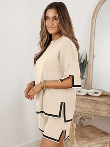 Stylish Women's Summer Sportswear <b>Set</b> Solid Knitting Casual O-Neck <b>Short</b> Sleeved Top Breathable Two-Piece <b>Set</b> Vintage Zipper - Product Image 5