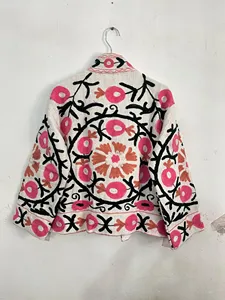 Handmade Suzani <b>White</b> Cotton <b>Jacket</b> Pink Floral Embroidered Bohemian Stand Collar Women <b>Short</b> Coat - Product Image 5