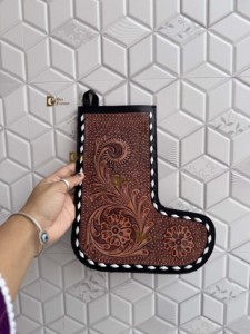 Hand Tooled Leather Christmas Stocking For Family Genuine Leather Christmas <b>Tree</b> Fireplace Hanging and Party Decoration Gift <b>Bag</b> - Product Image 3