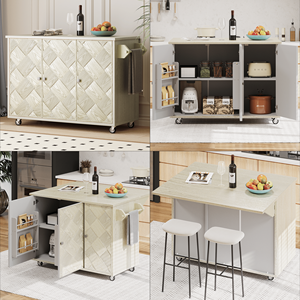 Carrello da Cucina in Legno Massello da 130 cm con Isola, Impiallacciatura in Frassino, Piano Ribaltabile Intrecciato a Mano, Stile Costiero, Vano Portaoggetti Interno e Ruote - Product Image 5