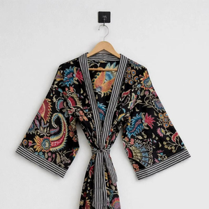 Magnifique Kimono imprimé à la main, peignoir 100% coton fait main, robe de chambre longue à imprimé floral pour femme - Product Image 1