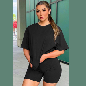 Women's <b>2</b>-<b>Piece</b> Shorts Set 6XL Casual <b>Summer</b> <b>Outfit</b> Solid Black Eco-Friendly 100% Cotton Knitted Oversized T-Shirt Above-Knee - Product Image 3