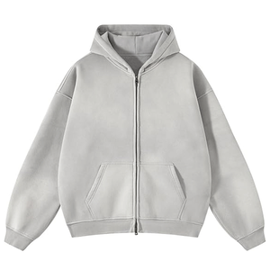 Sweat à capuche zippé pour homme, 100% coton molletonné, bleu marine, haute qualité, coupe oversize, délavé à l'acide, effet soleil délavé, uni, brodé - Product Image 6