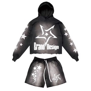 Ensemble de survêtement unisexe en coton épais rose uni, coupe courte, avec imprimé graphique étoile, style streetwear, idéal pour l'hiver, personnalisable par le fabricant - Product Image 3