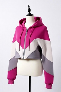 Women Color Blocked Hoodie <b>Crop</b> Top Full Sleeve Asymmetric Zipper <b>Up</b> Hooded Sweatshirt Autumn Knitted Style - Product Image 4