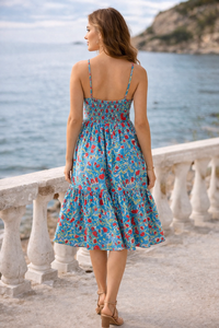 Robe d'été en coton pour femme, col en V, bretelles, boutonnée, longueur genou, dos smocké, poches latérales, imprimé floral fait main, tenue d'été - Product Image 3