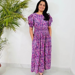 Robe longue d'été en coton 100% imprimée à la main, style indien décontracté, col rond, manches courtes, pour femmes - Product Image 1