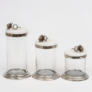 New Arrival Luxury Fancy Home Decor Stylish Designer Metal <b>Glass</b> Fancy Canister With Decorative Flower & Marble Lid Supplies - Product Image 1