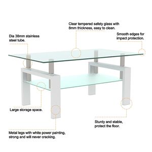 Tavolino da Caffè Moderno Rettangolare in Vetro 98 cm con Piano in Vetro Temperato Trasparente, Set Minimalista per Soggiorno Bianco - Product Image 2