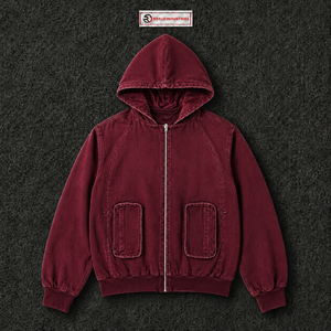 Sweat à capuche zippé oversize bordeaux délavé, style streetwear vintage, coupe ample, avec double poches plaquées - Product Image 5