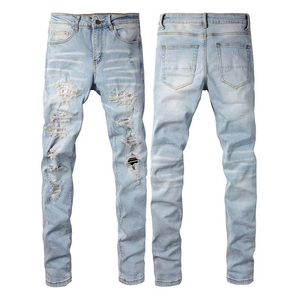 Vaqueros desgastados con parches personalizados, corte holgado y recto, estilo streetwear, efecto apilado, denim vintage lavado, Y2K, elásticos, hip hop - Product Image 1
