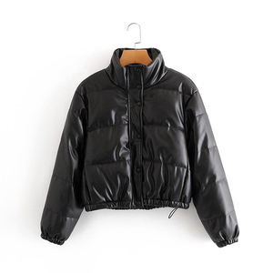Black PU Puffer <b>Jacket</b> Stand Collar Button Closure Short Length Winter Coat Unisex Casual Waterproof Thick Quilted - Product Image 1