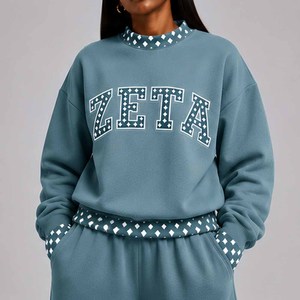 Zeta OEM <b>Mock</b> <b>Neck</b> Sweatshirt Women Men Ladies Unisex Rib Knit Collar Polka Dot Gingham Patch - Product Image 5