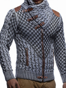 Cardigan en laine pour homme, col roulé, fermeture éclair, motif géométrique, manches longues, hiver, décontracté, épais, tricoté à la main - Product Image 3