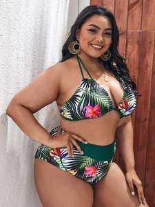Conjunto de Bikini Amarillo para Mujer, Top con Hombros Descubiertos, Braguita de Cintura Alta, Ribete en Contraste, Spandex, Poliéster Elástico, Ecológico, de Secado Rápido - Product Image 2