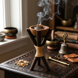 Quemador de incienso rústico de madera con diseño de trípode, cuenta con un recipiente de grano natural suelto que está firmemente atado con una cuerda trenzada. - Product Image 5