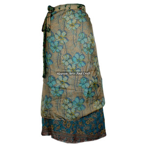 Jupe longue vintage indienne bohème hippie à deux couches en soie magique, réversible, style sari - Product Image 1