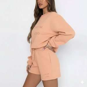 Conjunto de Dos Piezas de Alta Calidad para Mujer, Sudadera de Manga Larga con Hombros Caídos y Pantalones Cortos, Personalizado - Product Image 1