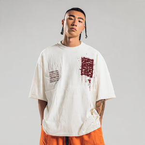 T-shirts 100% coton à épaules tombantes avec impression en relief, mode streetwear pour hommes, t-shirt délavé, nouveau style surdimensionné pour hommes - Product Image 5