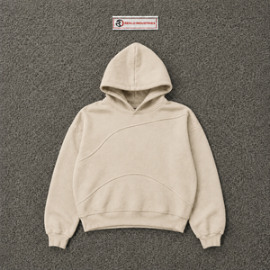 เสื้อฮู้ดดี้สีเบจทรงโอเวอร์ไซส์สำหรับผู้ชาย สไตล์สตรีทแวร์ ดีไซน์ตะเข็บโค้ง ไหล่ตก ทรงลำลอง แฟชั่นเสื้อฮู้ดมีฮู้ด - Product Image 5