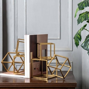 Modern design iron wire geometric hollow cube metal bookend set gold finish decorative <b>book</b> holder minimalist design heavy duty - Product Image 2