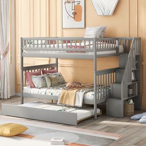Lit superposé gris double sur double avec tiroir-lit et escalier, mobilier pour enfants - Product Image 1