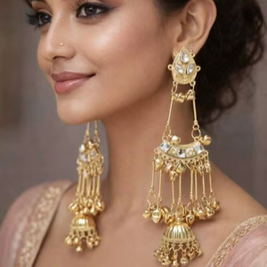 Pendientes de Lujo Étnicos de la India, Estilo Kashmiri, de Aleación de Zinc Chapados en Oro con Cristales de Estrás, para Novias y Fiestas - Product Image 1