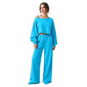 Buy wholesale Women's Oversized Cropped Sweatshirt Wide Leg Pants 2 Piece Lounge <b>Set</b> Casual Matching Outfit For Women - Product Image 2