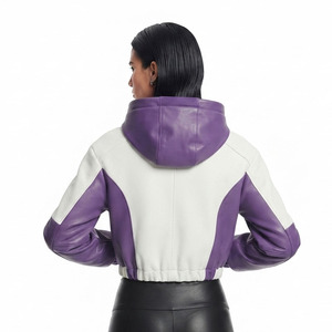 Women Crop Leather Wholesale Hoodie Female <b>Cropped</b> Leather Hood With Side Pockets Girls <b>Zip</b> Leather Short Length Hooded - Product Image 2