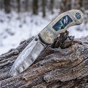 Navaja Plegable Artística con Diseño de Oso Polar y Aurora, Grabado de Copo de Nieve, Apertura con Perilla, Punta Afilada - Product Image 3