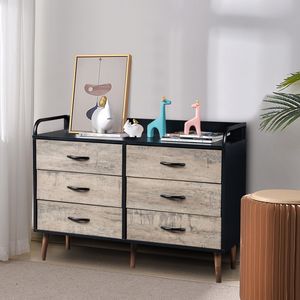 Commode contemporaine à 6 tiroirs en chêne avec tiroirs pliables en tissu gris et noir pour le rangement en appartement - Product Image 3