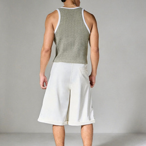 Hot Selling <b>Men</b> Ribbed Knitted Tank Top Solid Color O-Neck Casual Sleeveless Top Gray <b>White</b> Trim Breathable Knit <b>Vest</b> Tank Top - Product Image 2