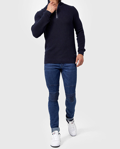 FONILBEST SPORTS WEARS Men's Navy Blue Knitted <b>Pullover</b> <b>Sweater</b> Regular Fit Solid Color Full Sleeve 1/4 Zipper Breathable 100% - Product Image 2