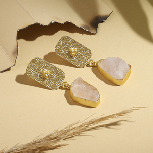 Women's Gold Plated 99% Pure Brass Drop <b>Earrings</b> with <b>Tassel</b> and Rose Quartz Minimalist for Everyday Wear - Product Image 1